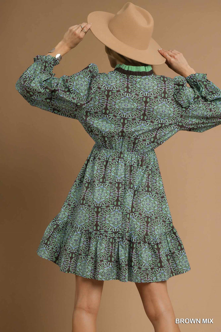 UMGEE Two Tone Boho Print Long Sleeve Dress
