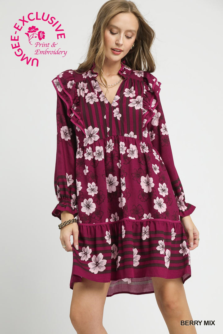 UMGEE EXCLUSIVE -Mix Floral &amp;amp; Stripe Ruffle Long Sleeve Mini Dress