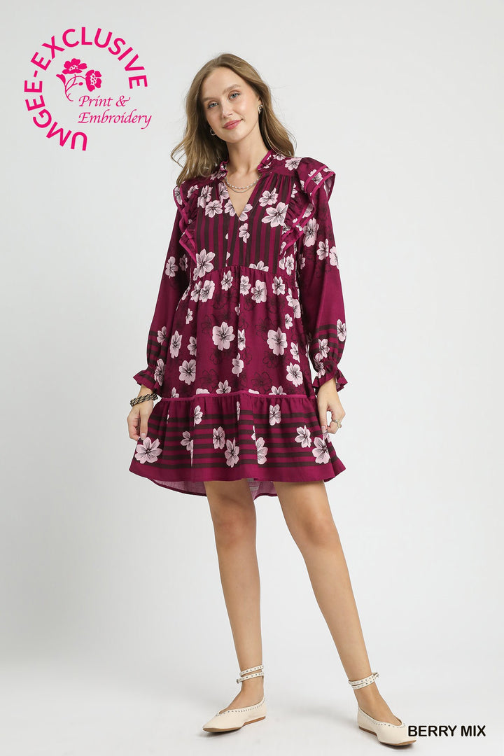 UMGEE EXCLUSIVE -Mix Floral &amp;amp; Stripe Ruffle Long Sleeve Mini Dress