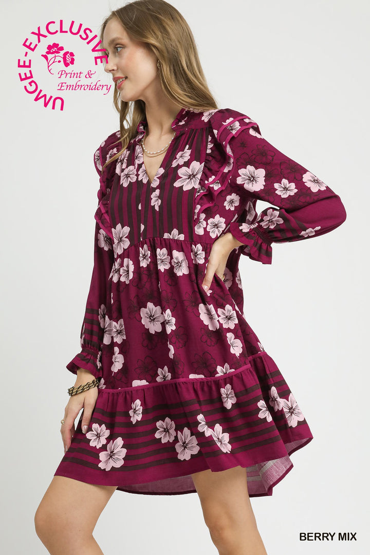 UMGEE EXCLUSIVE -Mix Floral &amp;amp; Stripe Ruffle Long Sleeve Mini Dress