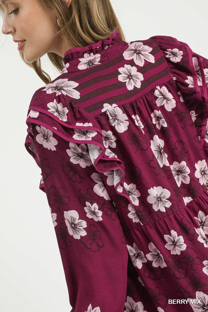 UMGEE EXCLUSIVE -Mix Floral &amp;amp; Stripe Ruffle Long Sleeve Mini Dress
