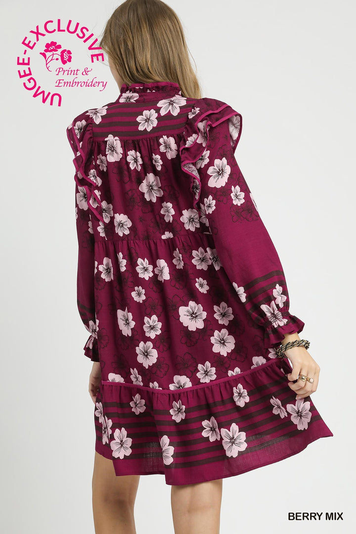 UMGEE EXCLUSIVE -Mix Floral &amp;amp; Stripe Ruffle Long Sleeve Mini Dress