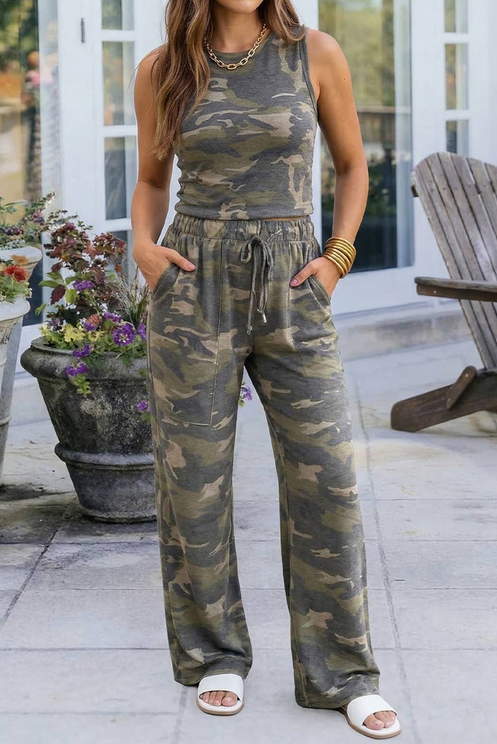 EVELA INC - Camouflage Print Slim Tank Drawstring Pant Set