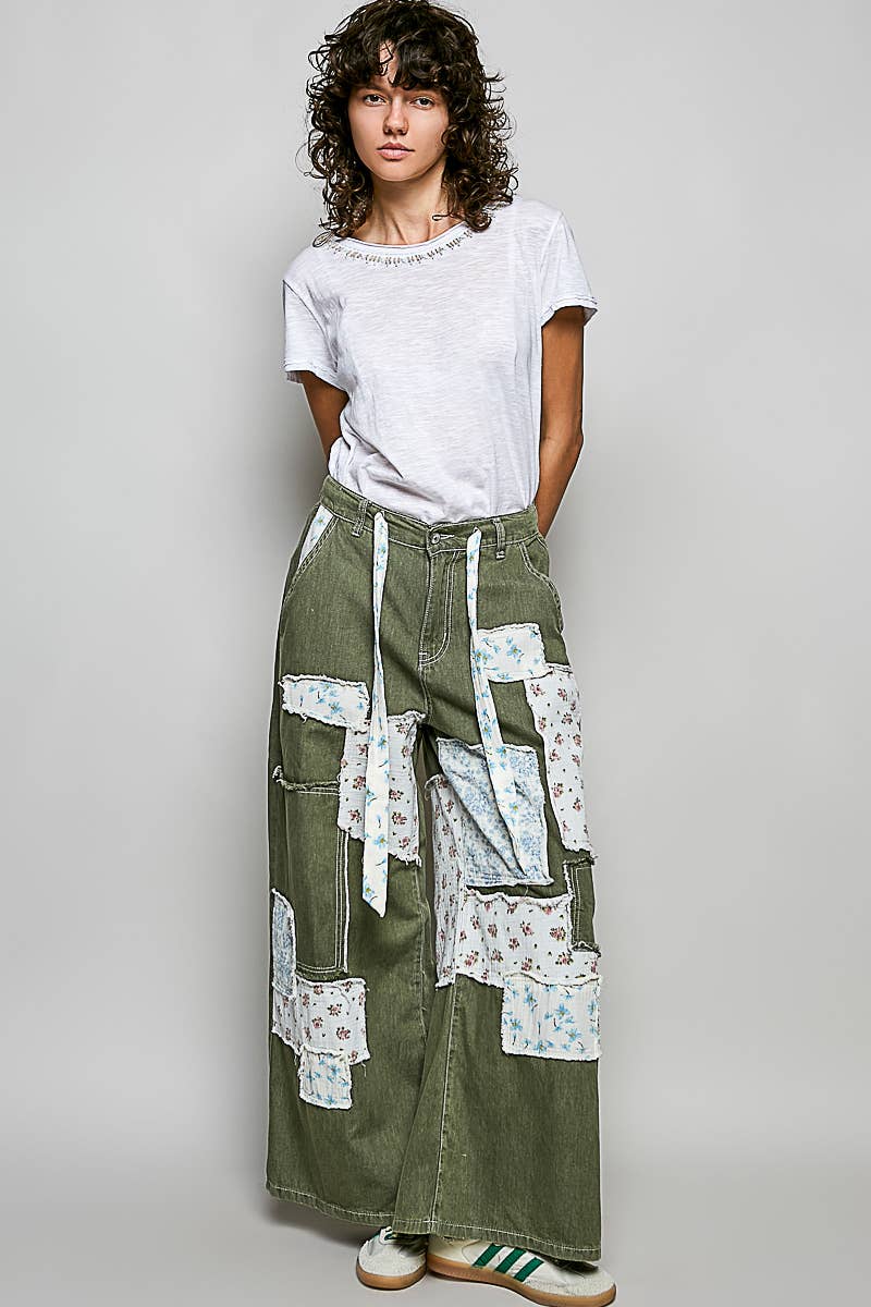 Pol Clothing - Patchwork Detail Denim Straight Fit Pants
