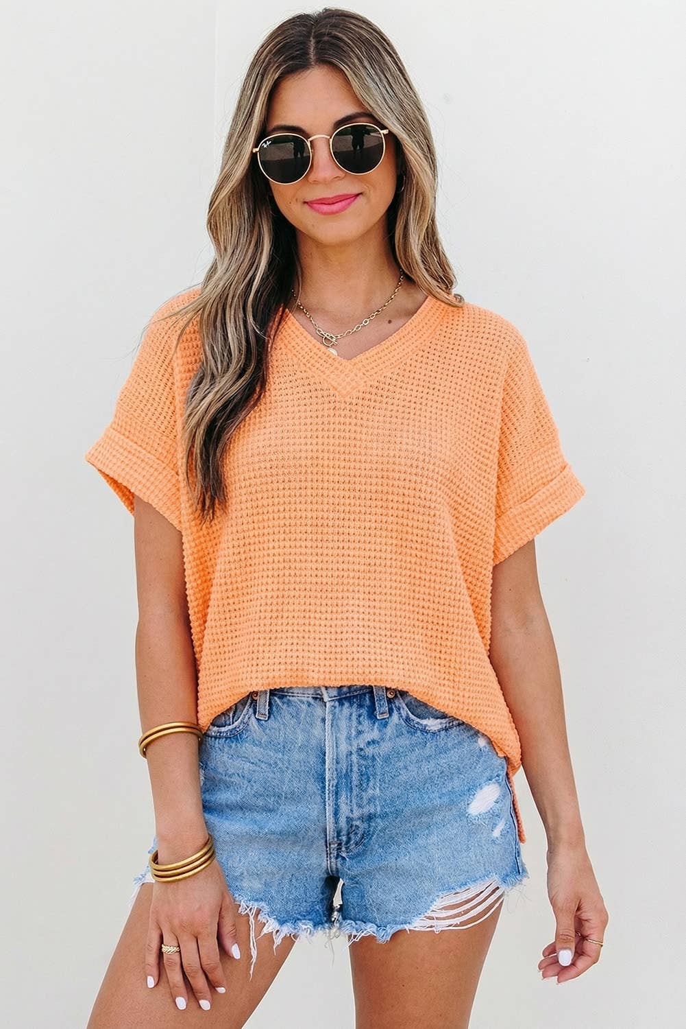 Aapparella - Waffle Texture V Neck Short Sleeve Knit Top | S-XL