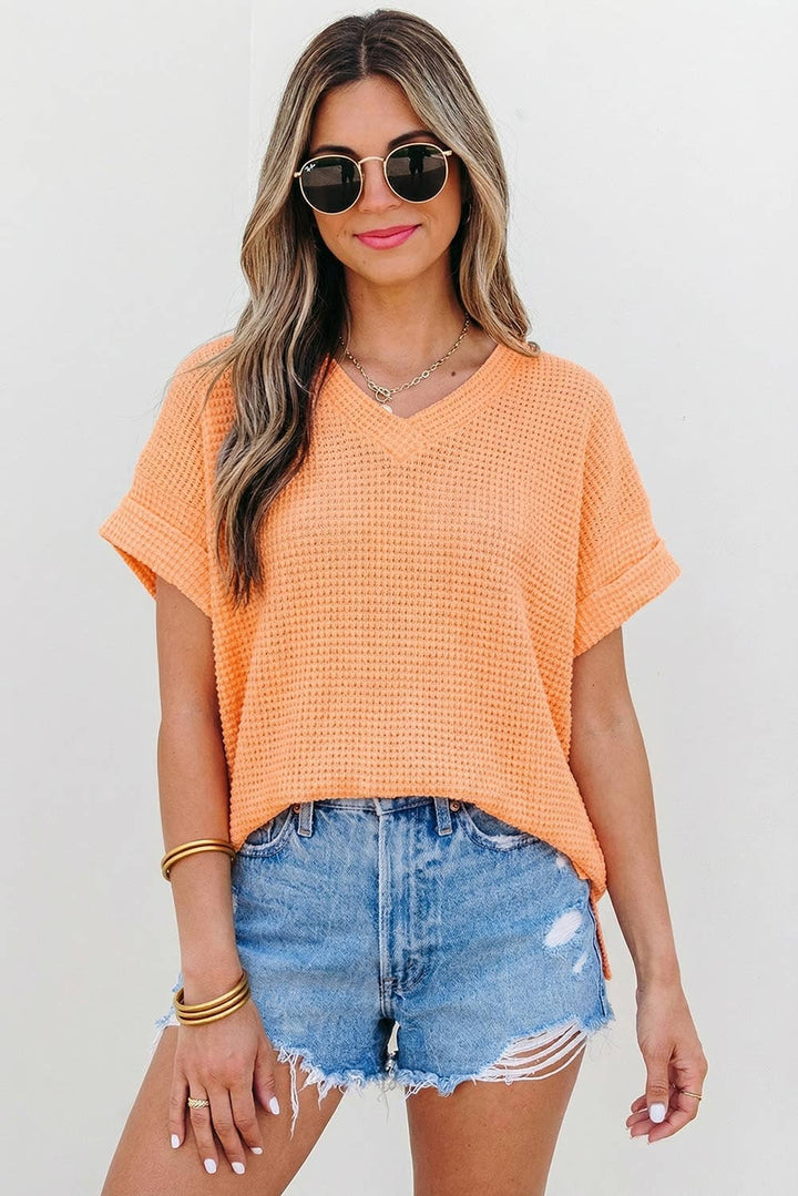 Aapparella - Waffle Texture V Neck Short Sleeve Knit Top | S-XL