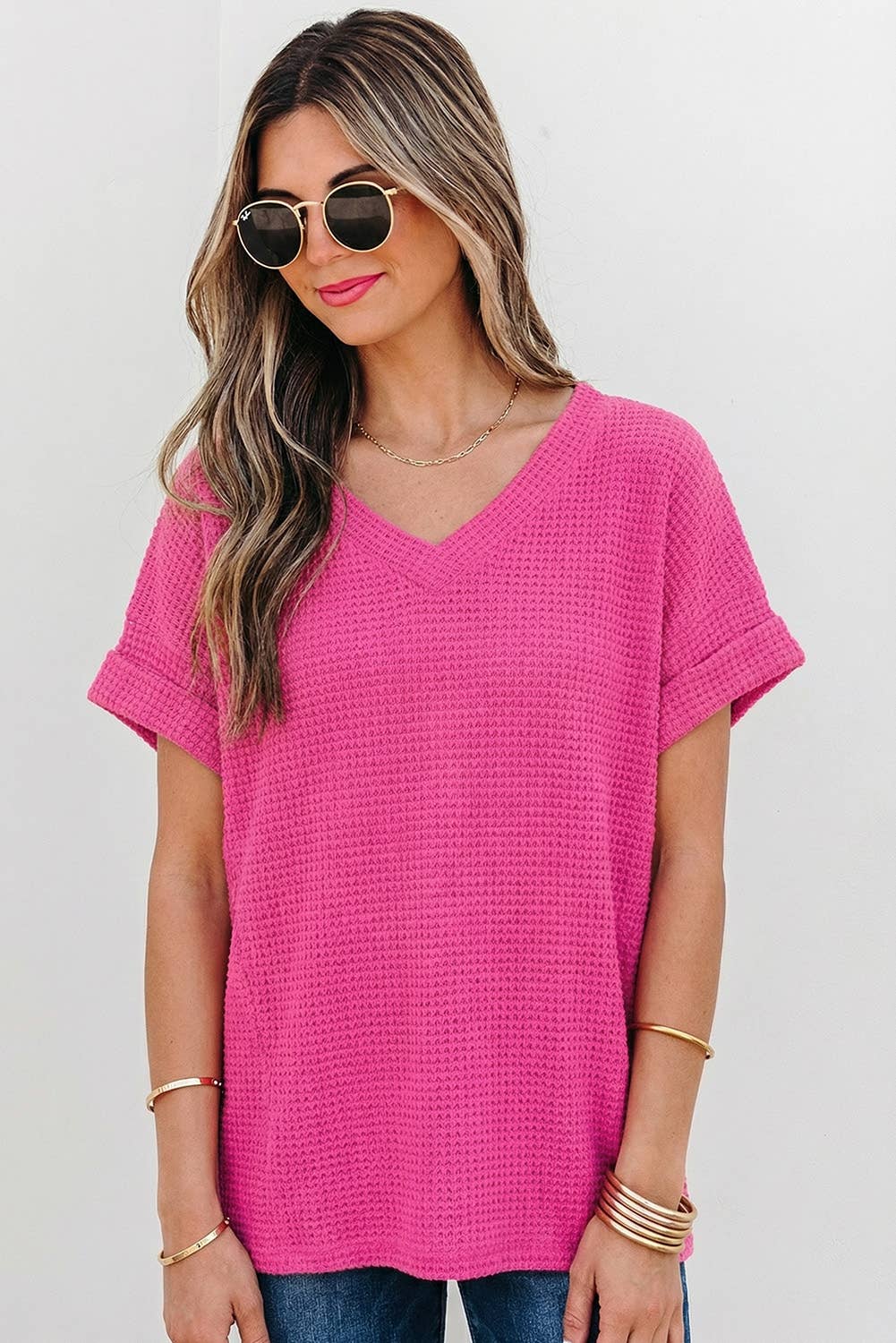 Aapparella - Waffle Texture V Neck Short Sleeve Knit Top | S-XL