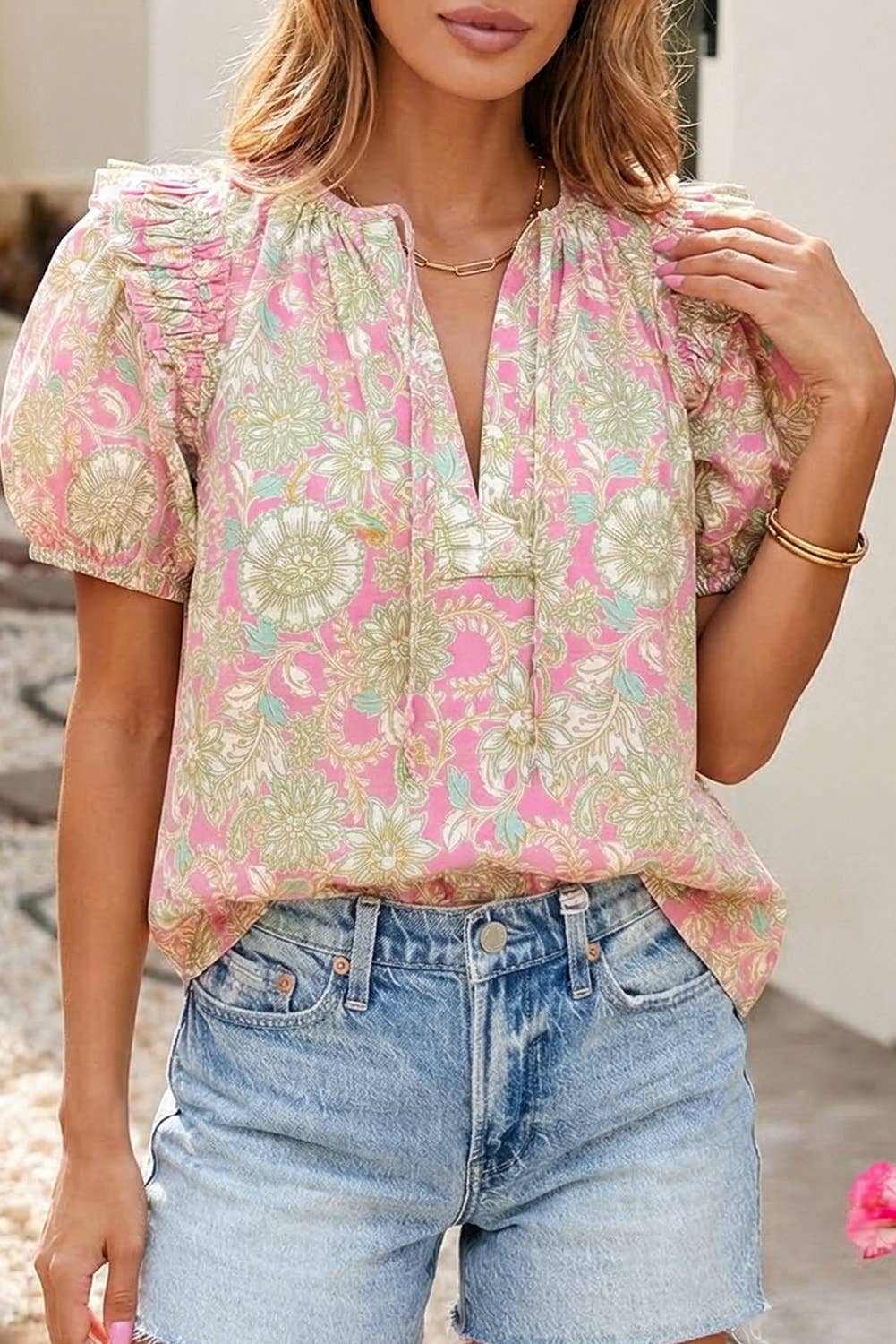 Tie V Neck Floral Short Puff Sleeve Blouse