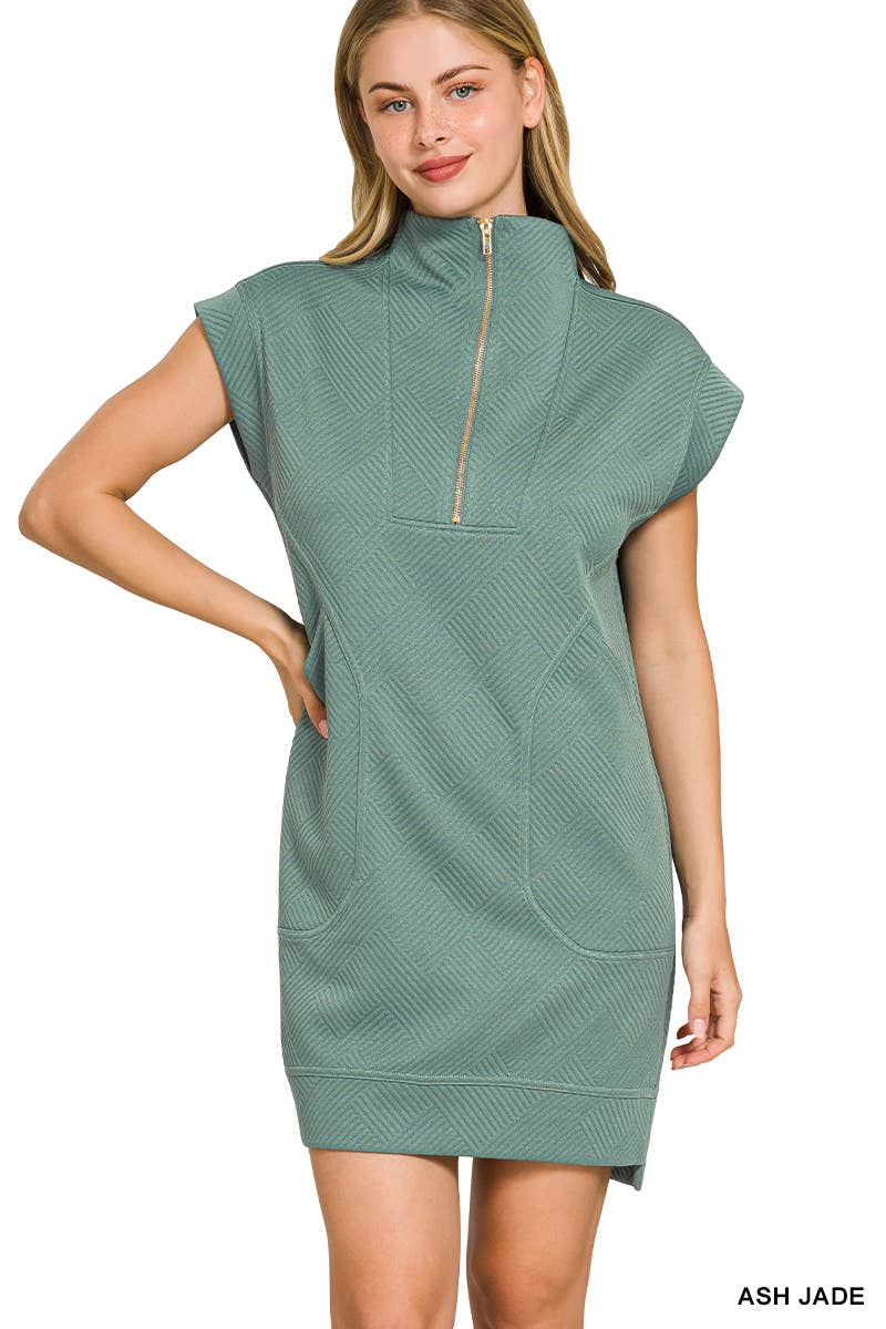 Textured Knit Jacquard Quarter Zipper Mini Dress