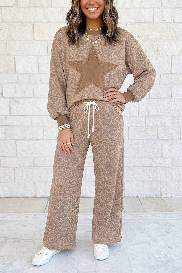 Leopard Print Star Patch Loose 2 Piece Pants Set