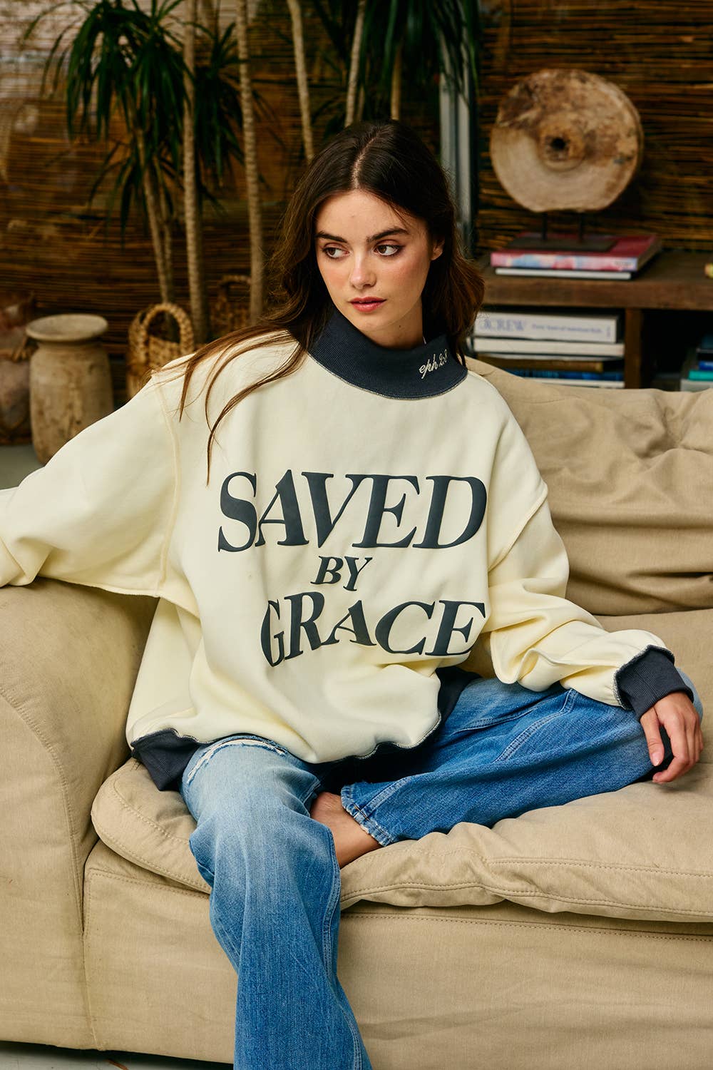 BUCKETLIST INC  Saved by Grace Puff Print Sweatshirt