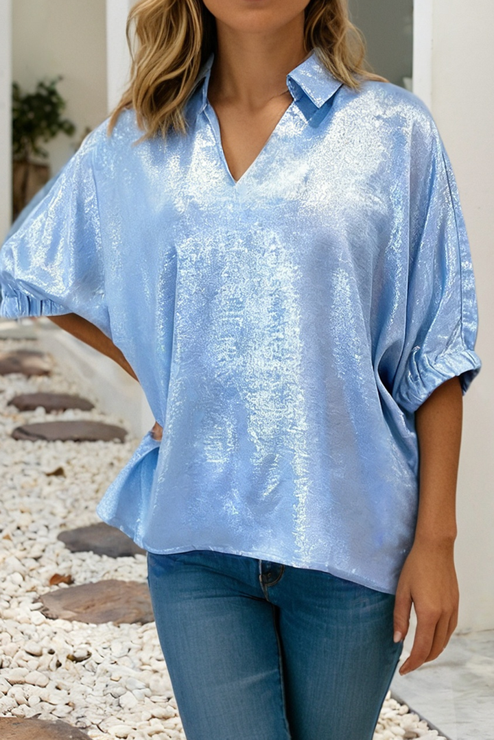 Little Daisy Closet - LDC Collared V Neck Half Sleeve Metallic Top