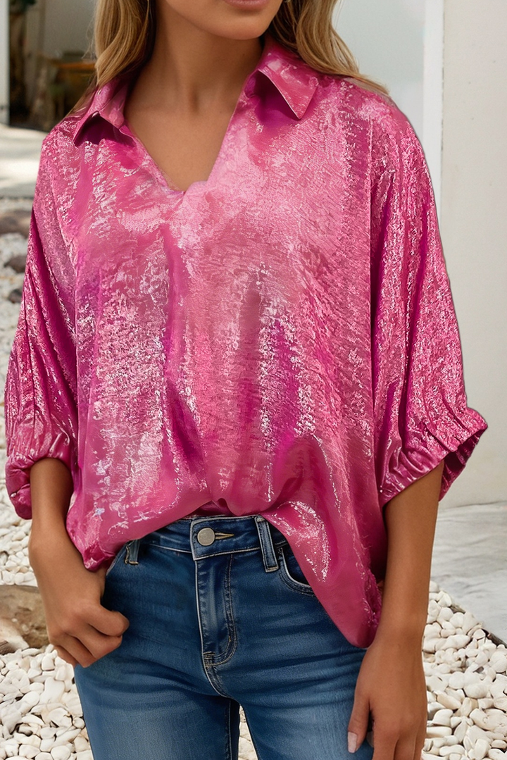 Little Daisy Closet - LDC Collared V Neck Half Sleeve Metallic Top