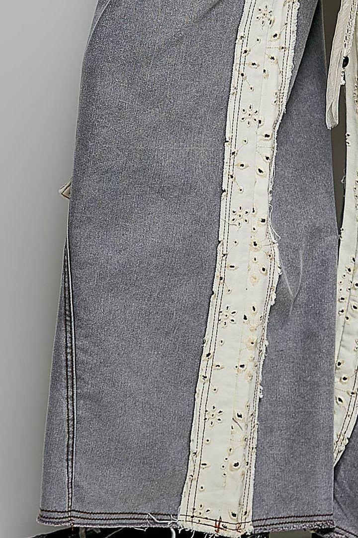 Pol Clothing - Solid Floral Metal Button Vintage Washing Laser Cut Pants