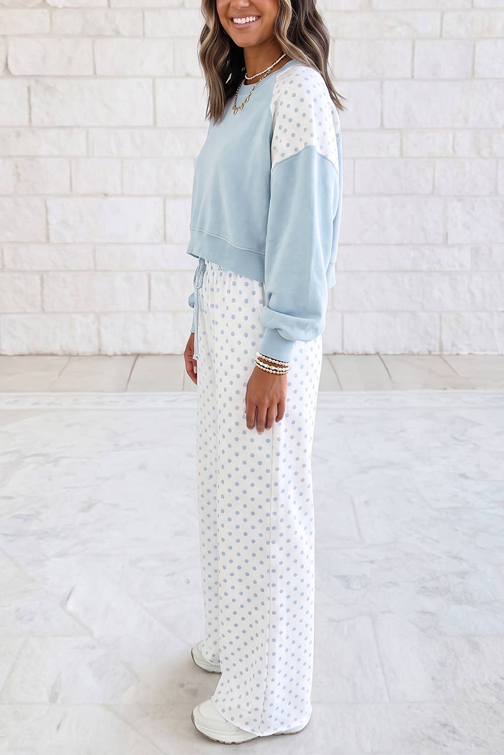 1 the Woman - Polka Dot Patchwork Long Sleeve Casual Two Piece Set S-4X