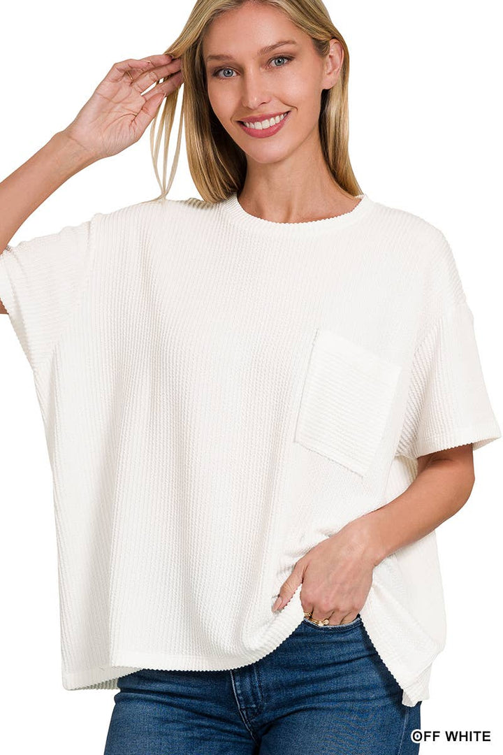 42POPS - Corded Rib Short Sleeve Front Pocket Top