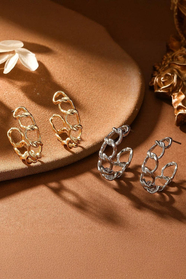 Gold Alloy Plated Round Hoop Chain Stud Earrings