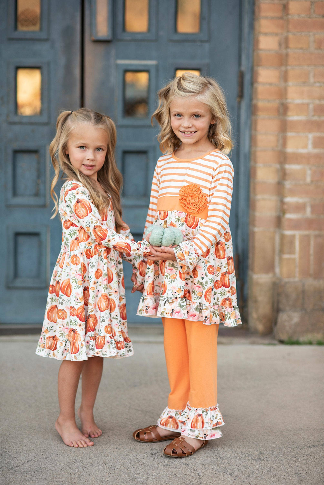 Kids Pumpkin &amp; Floral Print Long Sleeve Fall Twirl Dress
