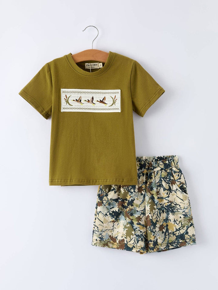 Rylee Faith Designs - Duck Embroidery Boys Set Green Tee and Camo Shorts