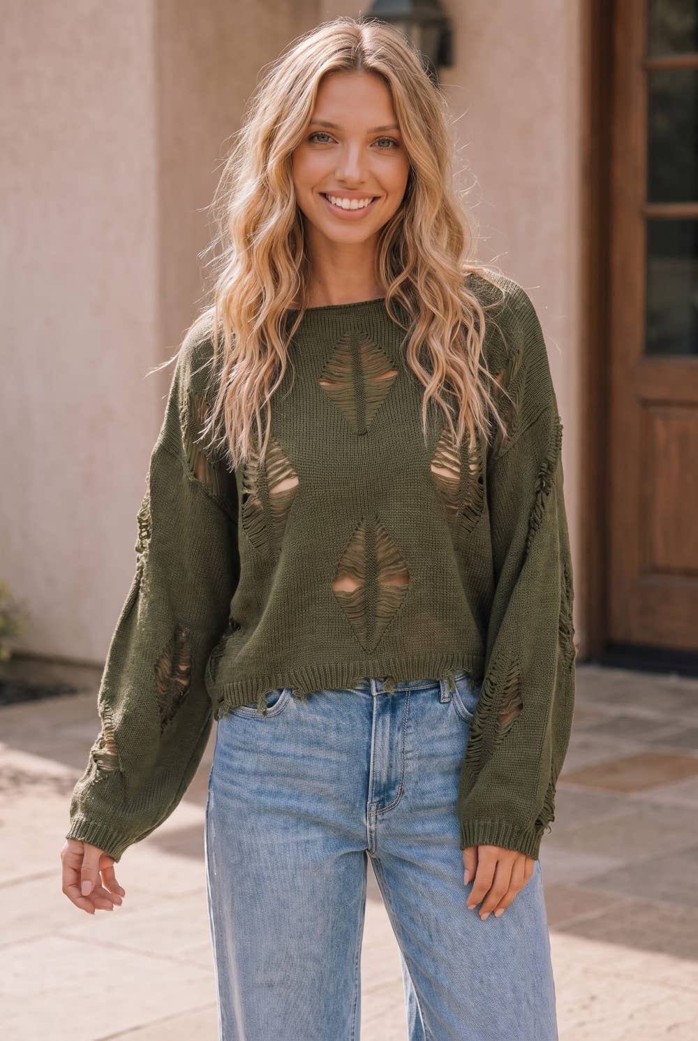 Kori America - PLUS OLIVE DISTRESSED CROP LONG SLEEVE SWEATER
