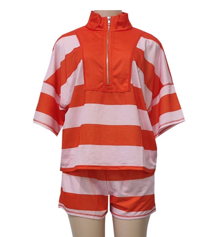 Rosa Clothing - Contrast Trim Half Zip Striped Top Casual Shorts 2pcs Set