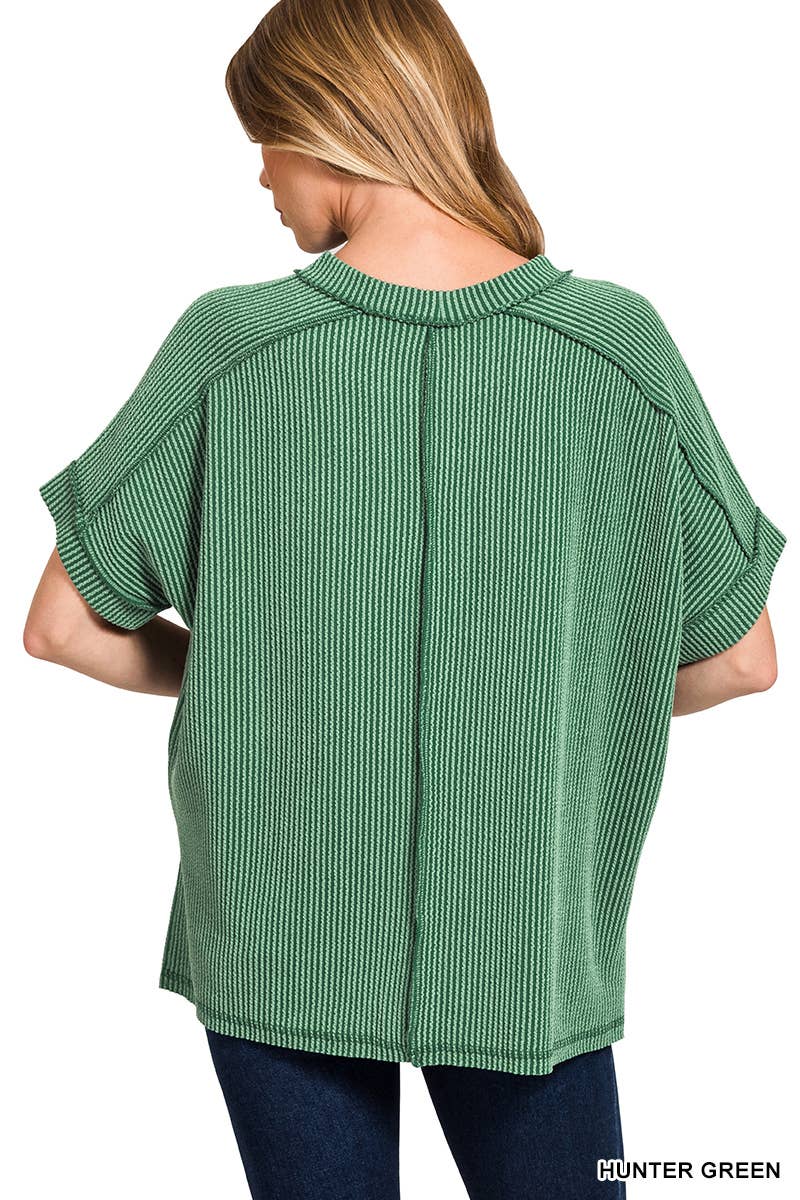 Textured Line Short Cuff Sleeve Raw Edge Top