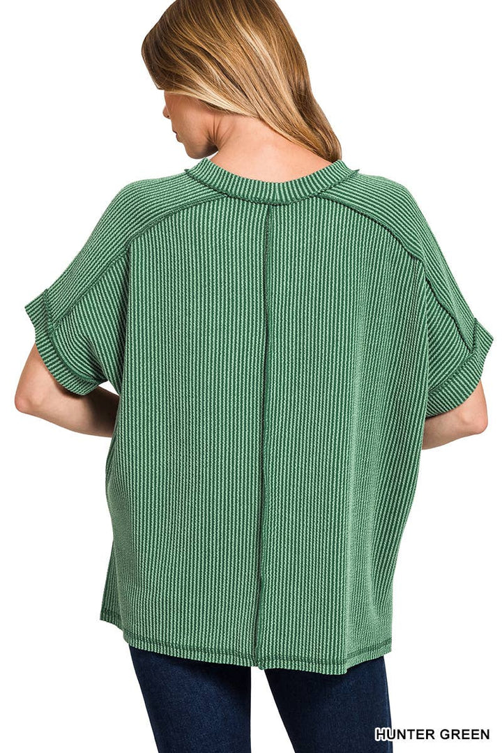 Textured Line Short Cuff Sleeve Raw Edge Top