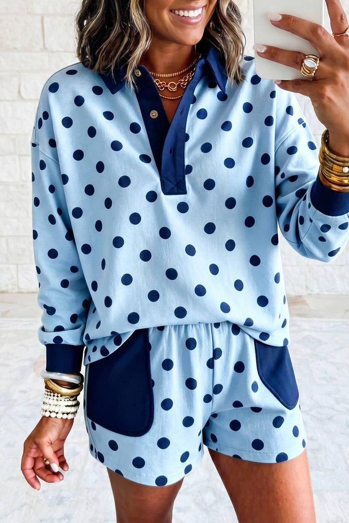 1 the Woman - Polka Dot Contrast Patchwork Long Sleeve Top Short Set