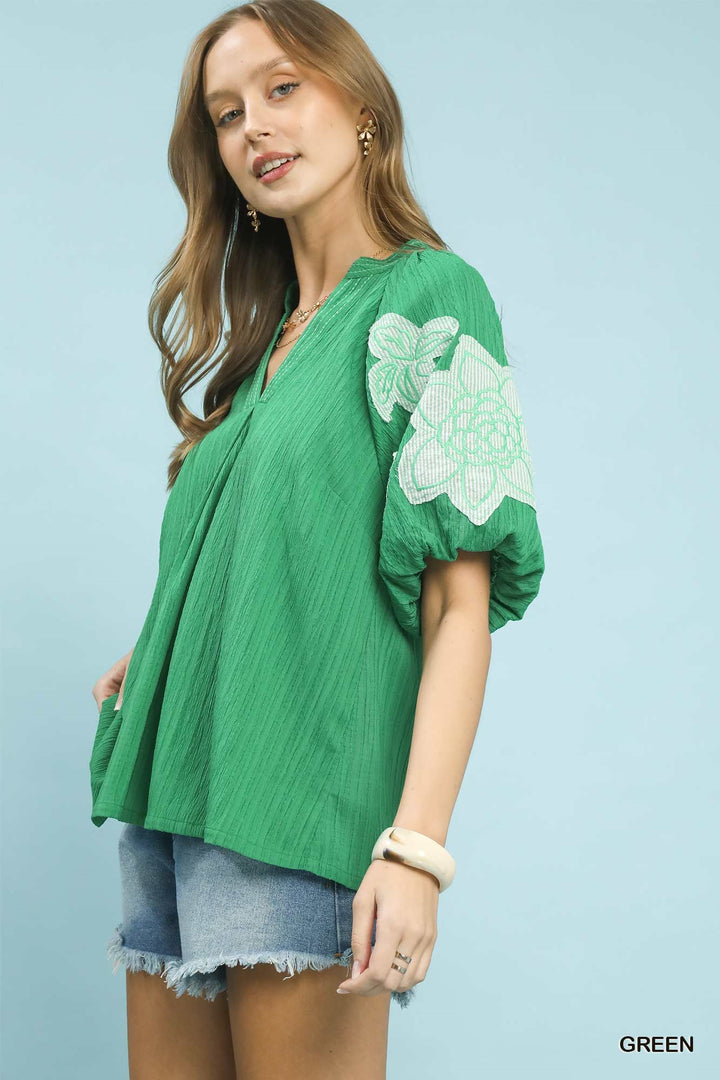 UMGEE Embroidered Balloon Sleeve Notch Neck Blouse