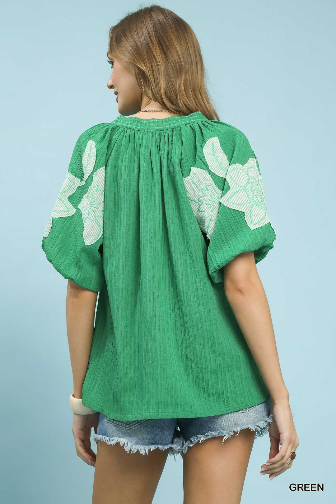 UMGEE Embroidered Balloon Sleeve Notch Neck Blouse
