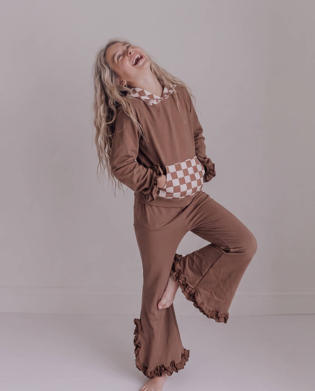 Kids Chocolate Checkered Hooded Ruffle Pocket Lounge Set