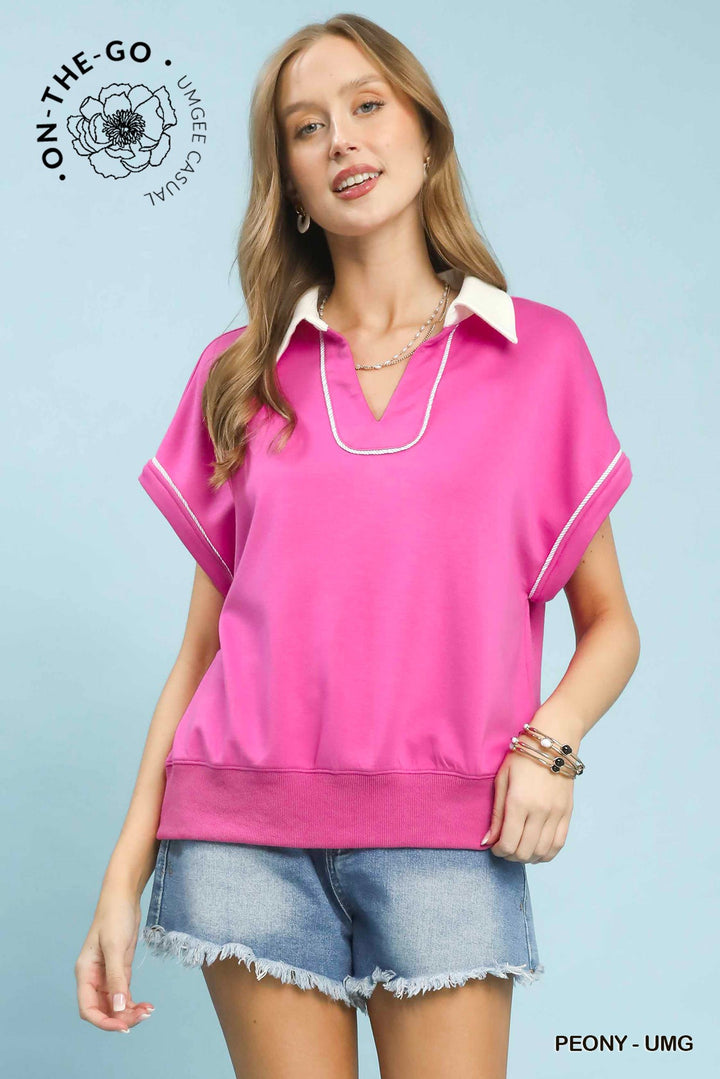 UMGEE Contrast Collar Soft Knit Polo Top