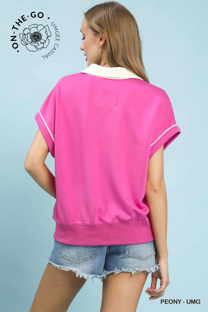 UMGEE Contrast Collar Soft Knit Polo Top
