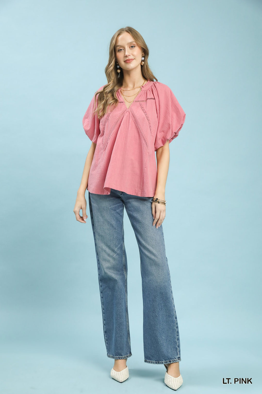 UMGEE Lace Inset Puff Sleeve Boho Blouse
