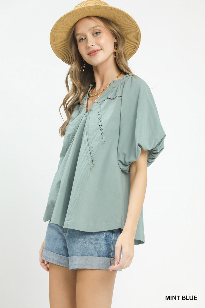 UMGEE Lace Inset Puff Sleeve Boho Blouse