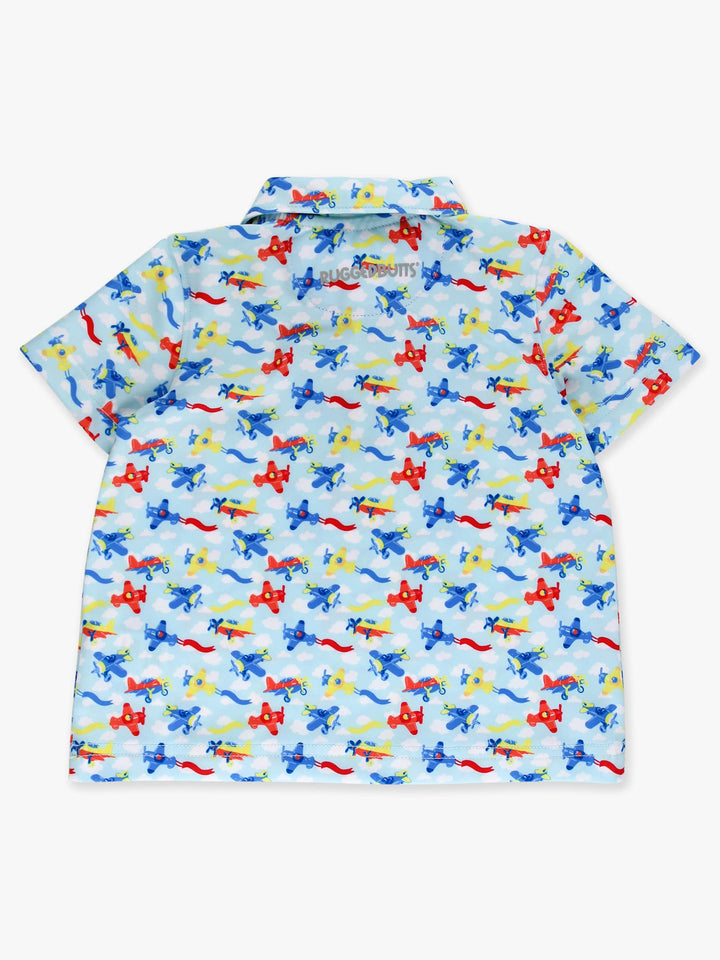 RuffleButts  Boys Tiny Plane Parade Knit Short Sleeve Performance Polo