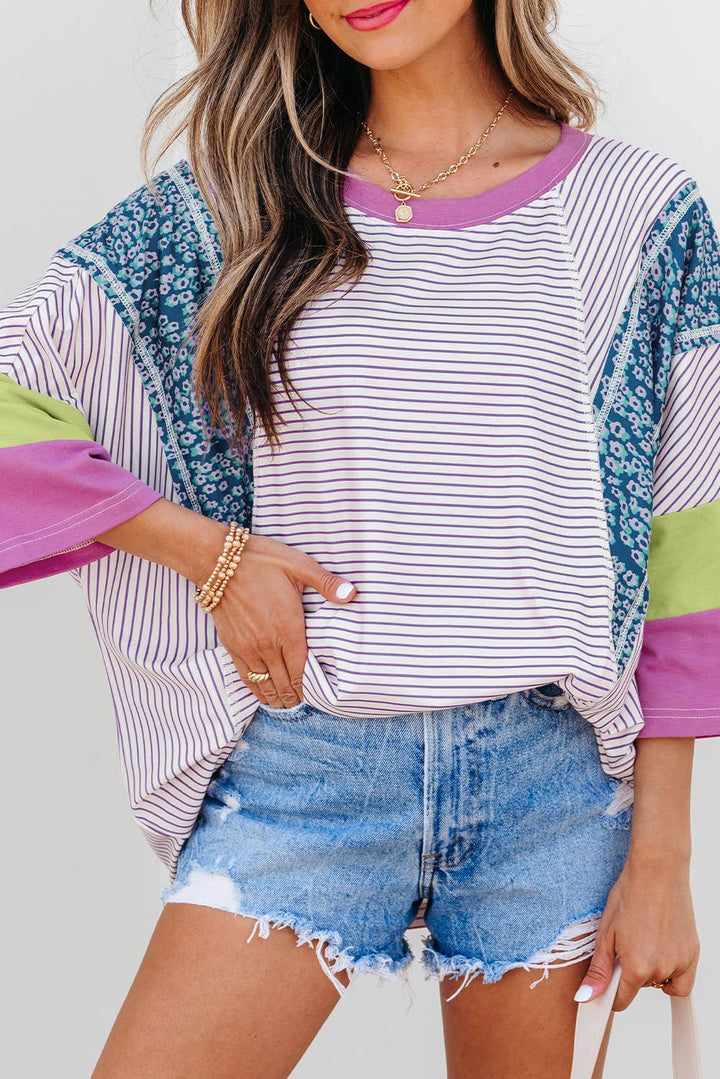 Aapparella - Stripe Floral Raw Edge Patchwork Bracelet Sleeve Top | S-XL