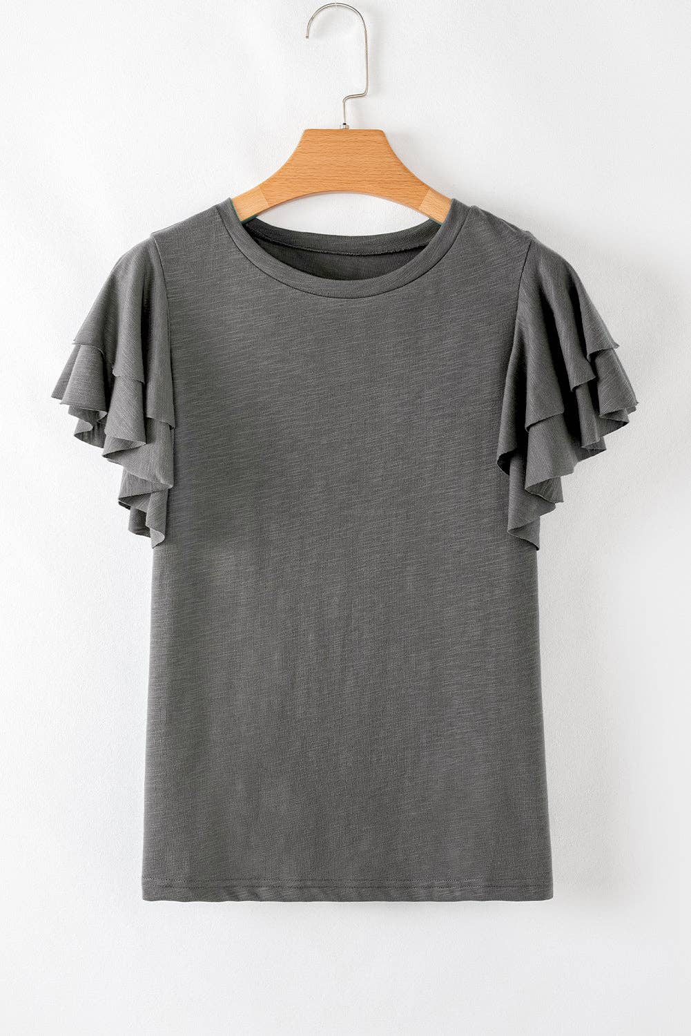 - Dark Grey Ruffle Sleeve Tee Casual Summer Top