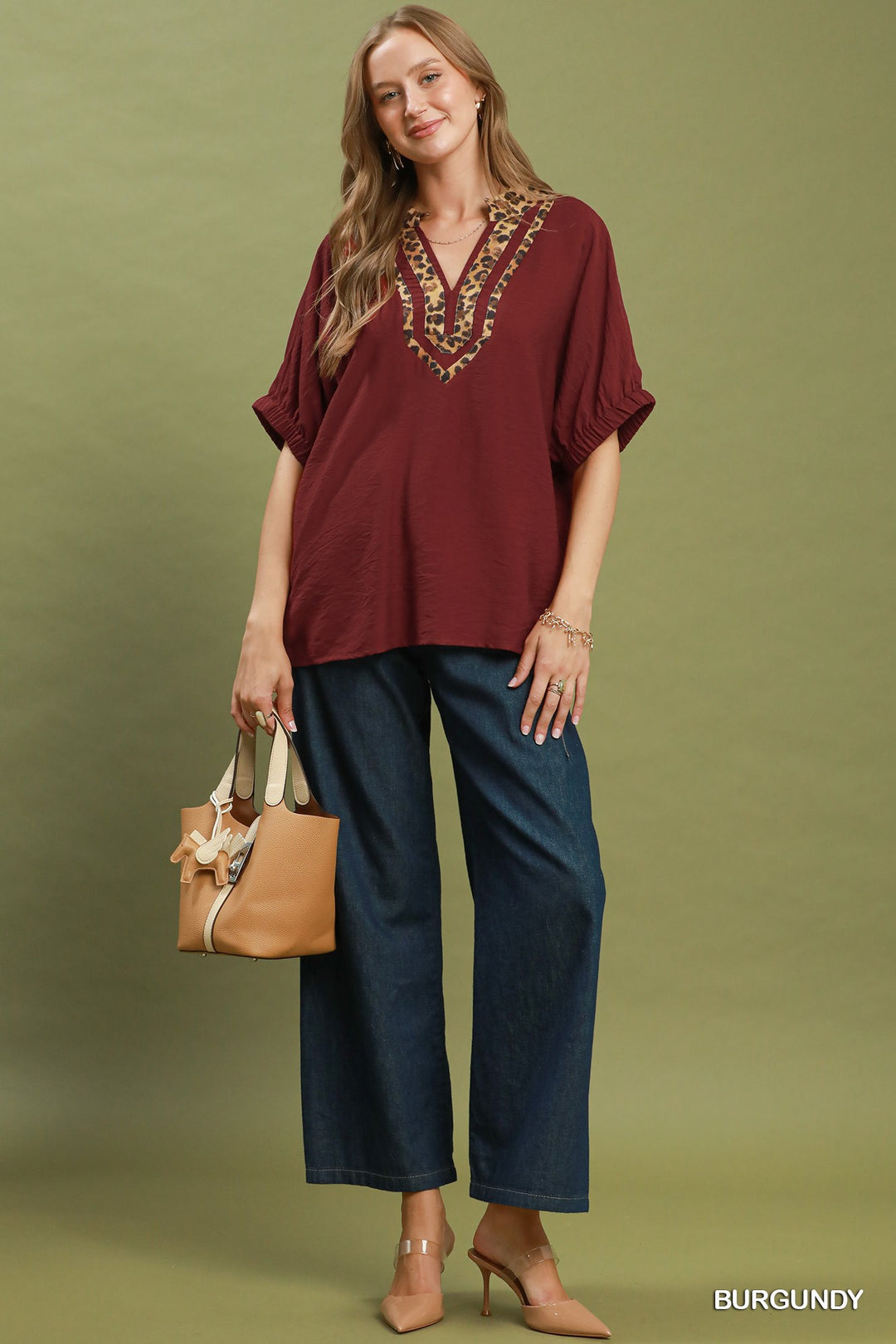 UMGEE Leopard Trim Dolman Sleeve Blouse