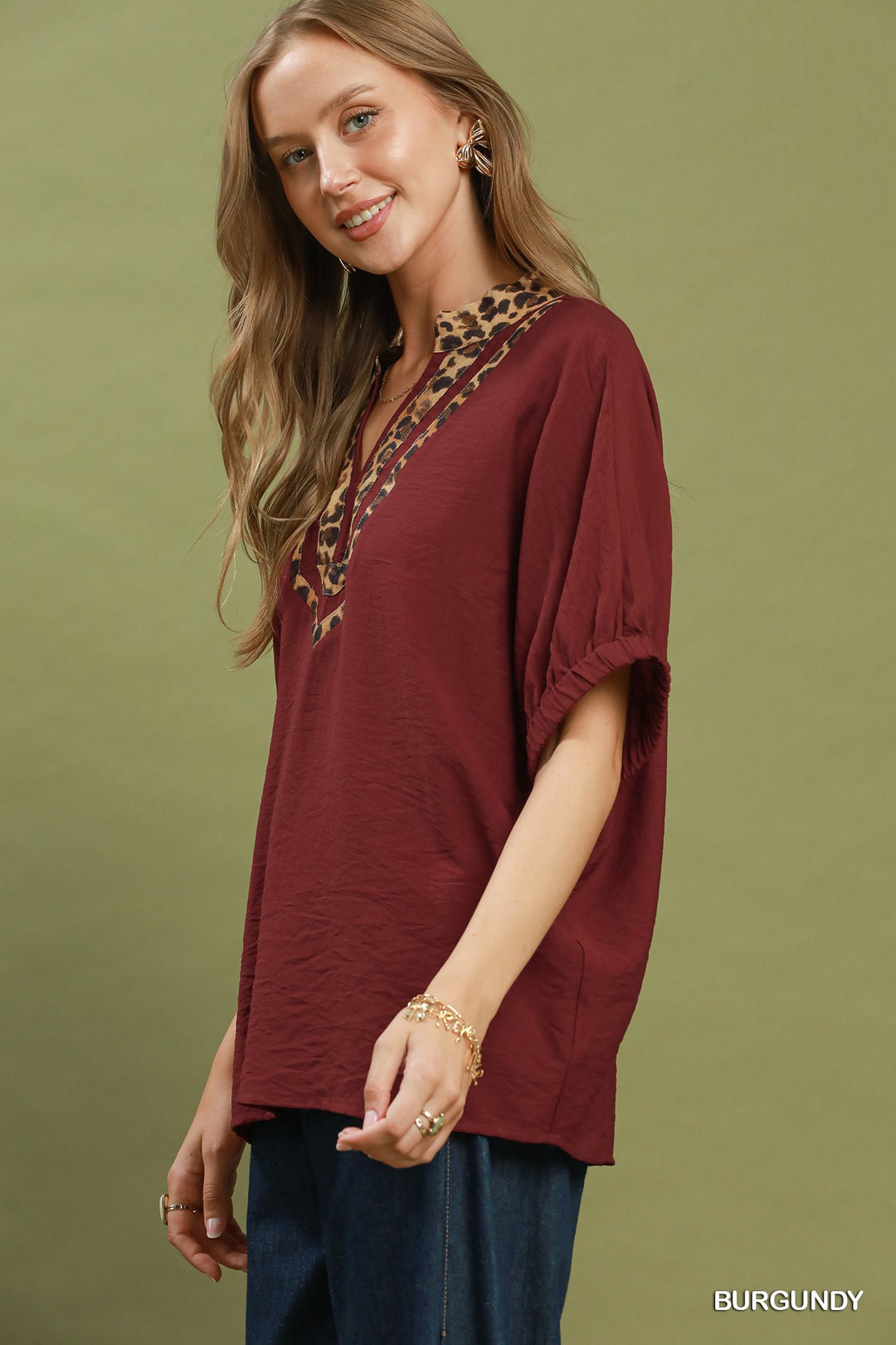 UMGEE Leopard Trim Dolman Sleeve Blouse