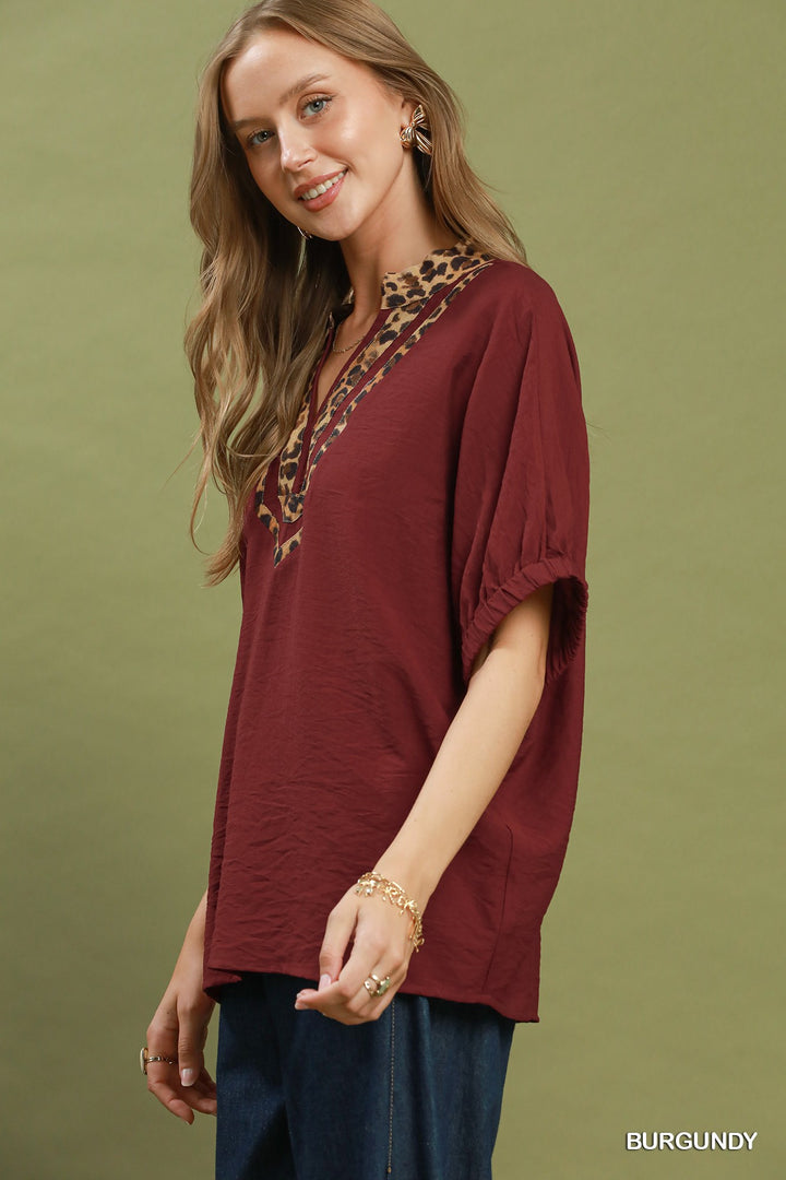 UMGEE Leopard Trim Dolman Sleeve Blouse
