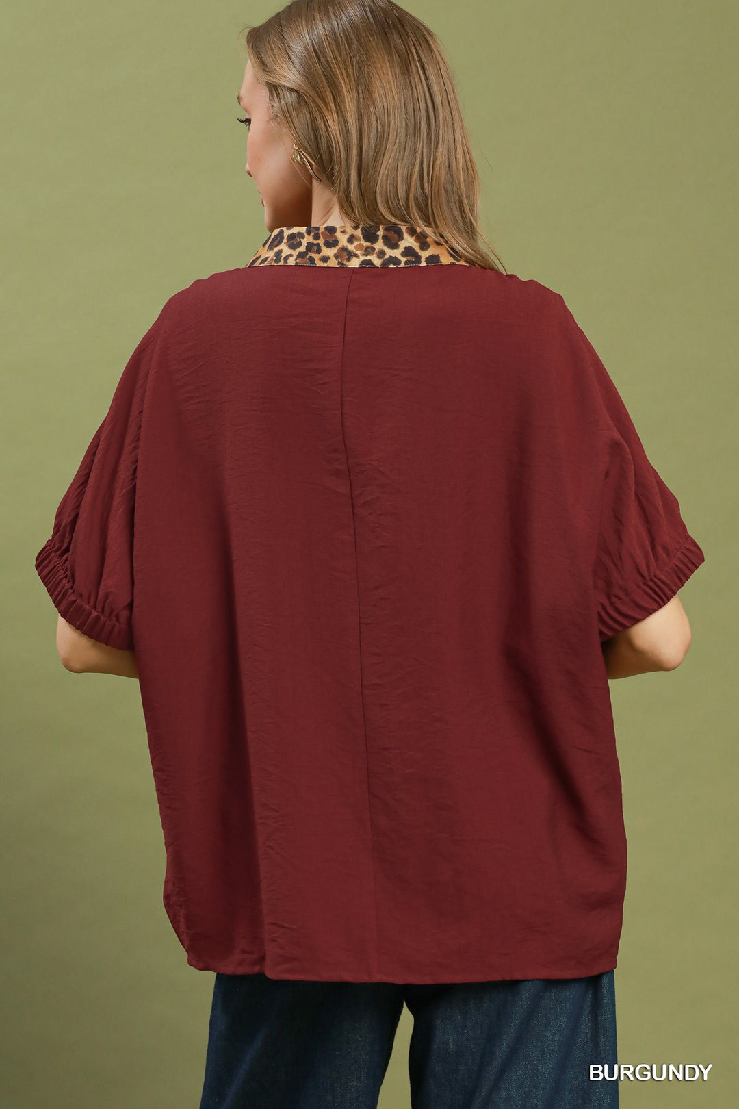 UMGEE Leopard Trim Dolman Sleeve Blouse