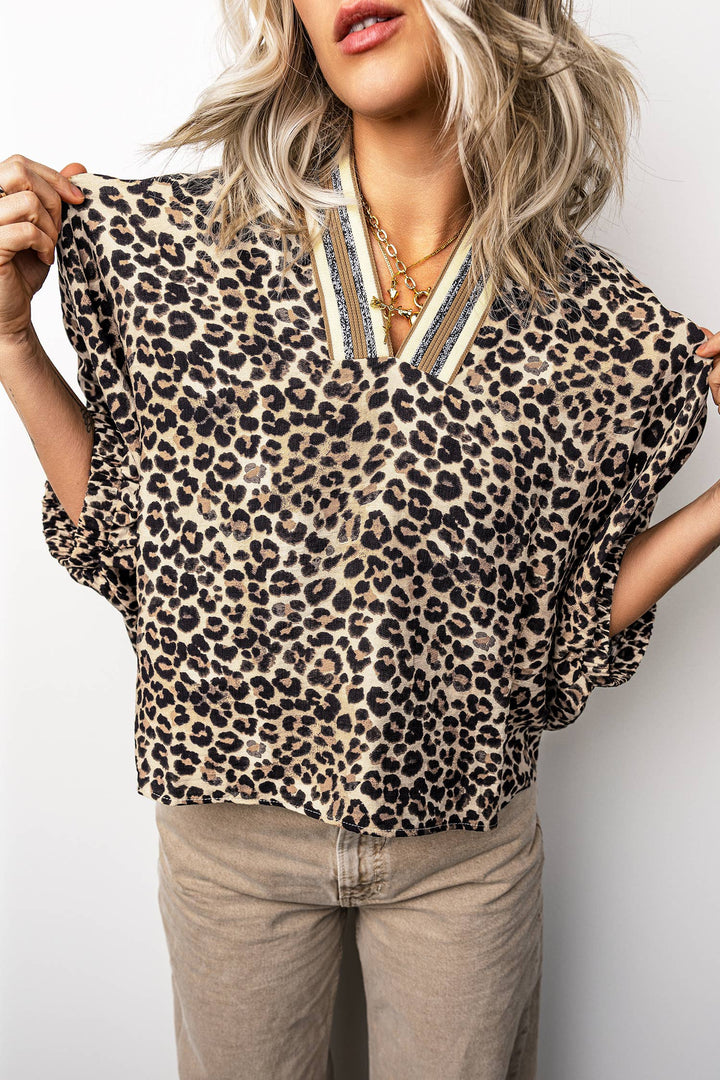 Contrast Trim V Neck Half Sleeve Western Dolman Blouse