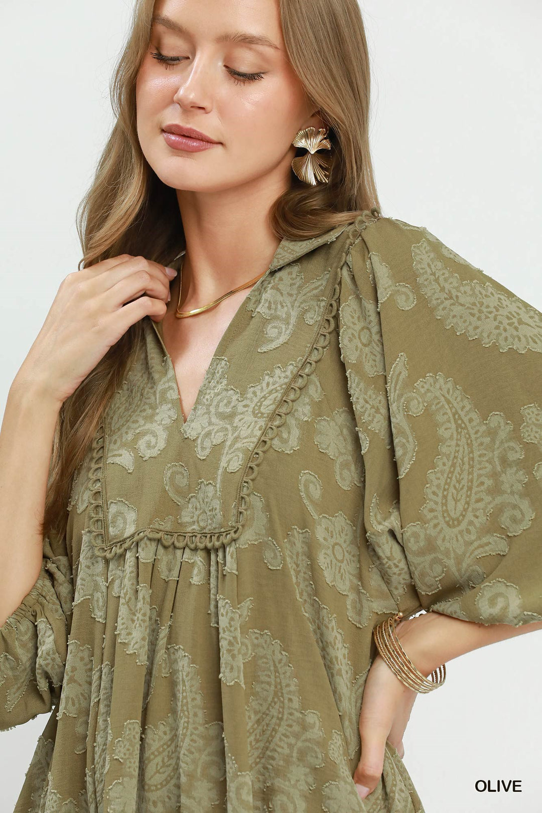UMGEE Paisley Print Puff Sleeve Babydoll Dress