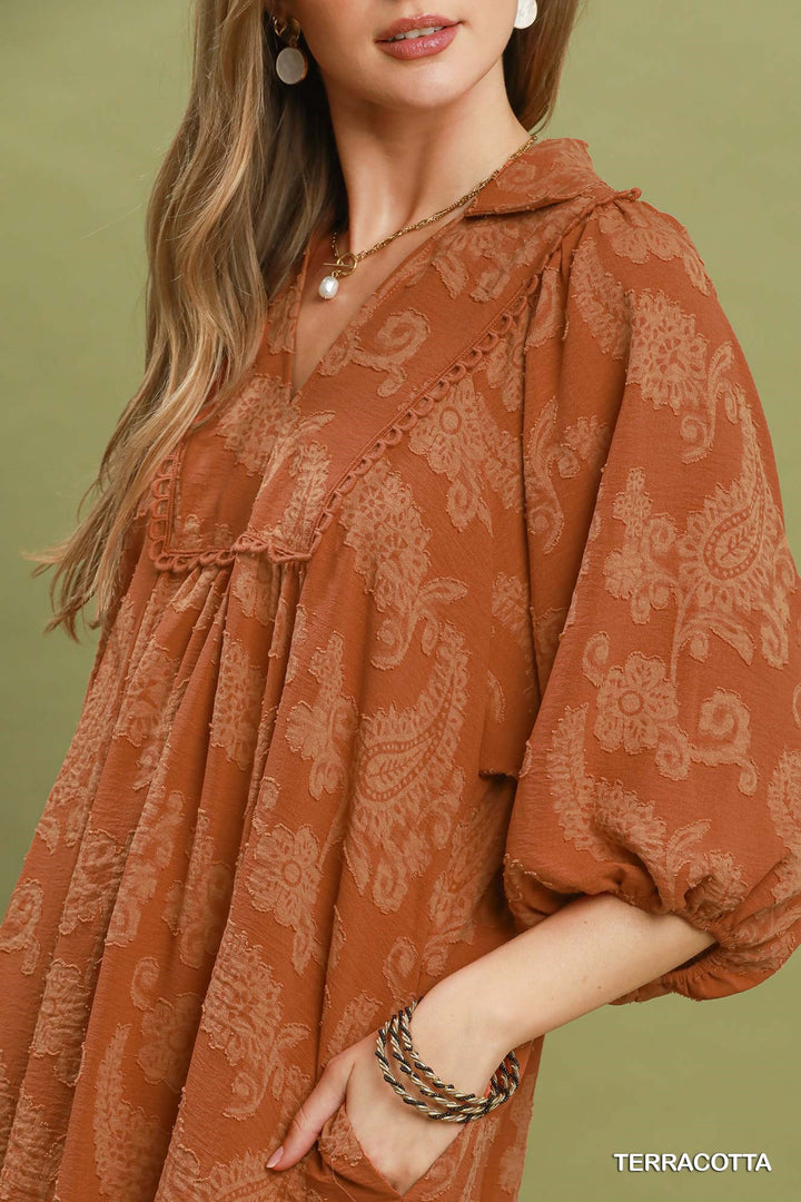 UMGEE Paisley Print Puff Sleeve Babydoll Dress