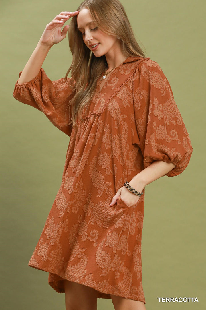 UMGEE Paisley Print Puff Sleeve Babydoll Dress