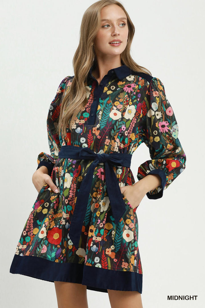 UMGEE Floral Print Belted Puff Sleeve Mini Dress
