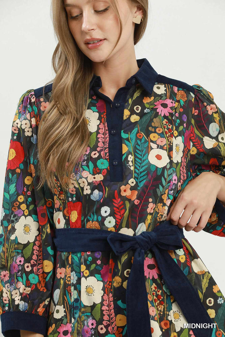 UMGEE Floral Print Belted Puff Sleeve Mini Dress