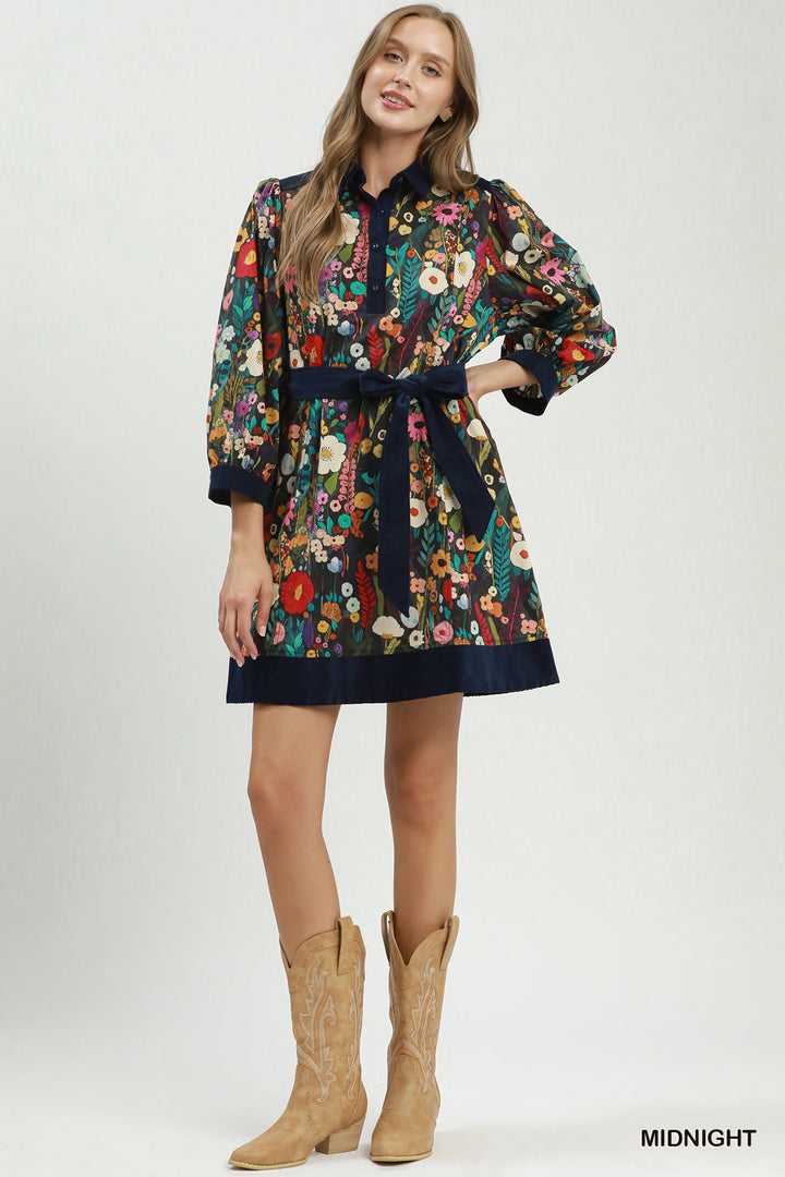 UMGEE Floral Print Belted Puff Sleeve Mini Dress