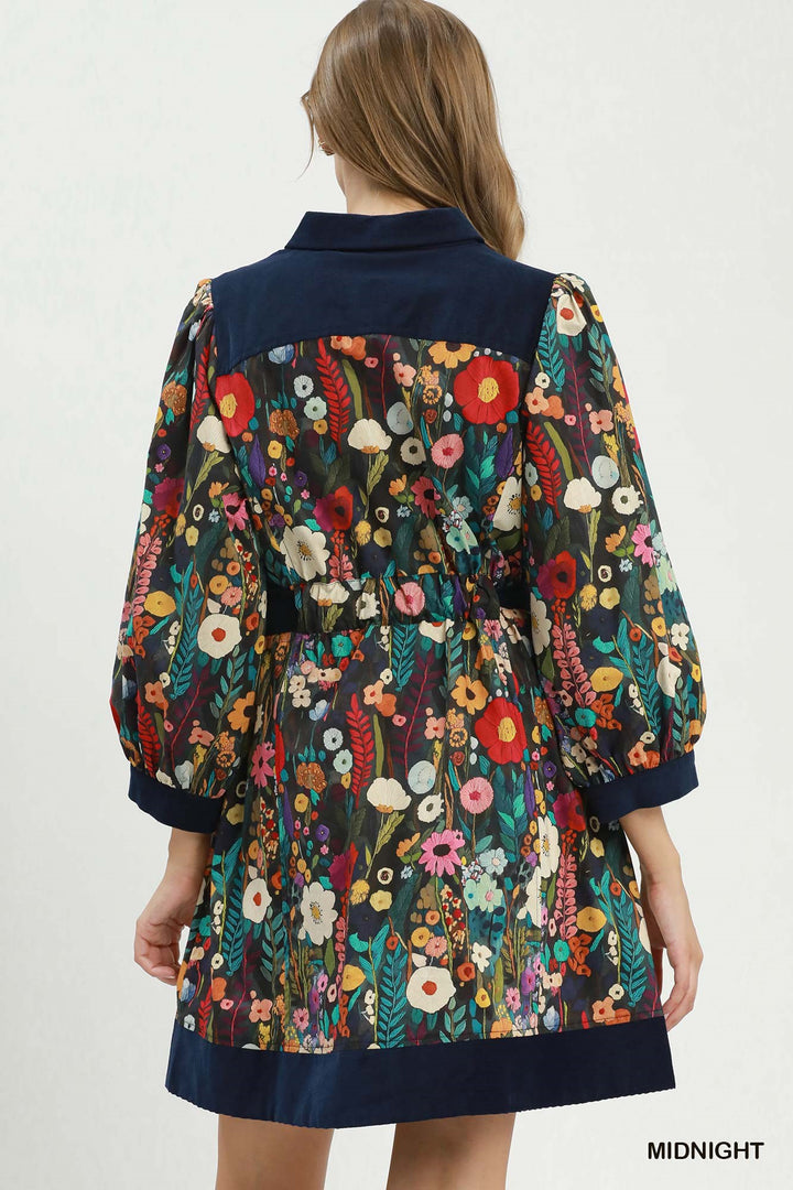 UMGEE Floral Print Belted Puff Sleeve Mini Dress